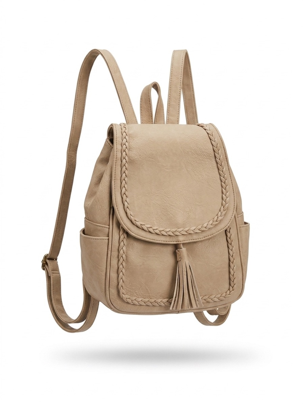 KKXIU Boho Vegan Leather Tassel Mini Backpack Purse - Beige/Khaki